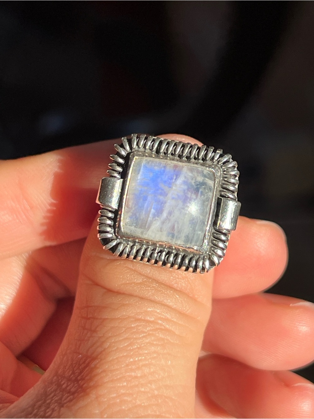 Moonstone Square Sterling Ring - Blue Flash - Picture 3 of 7